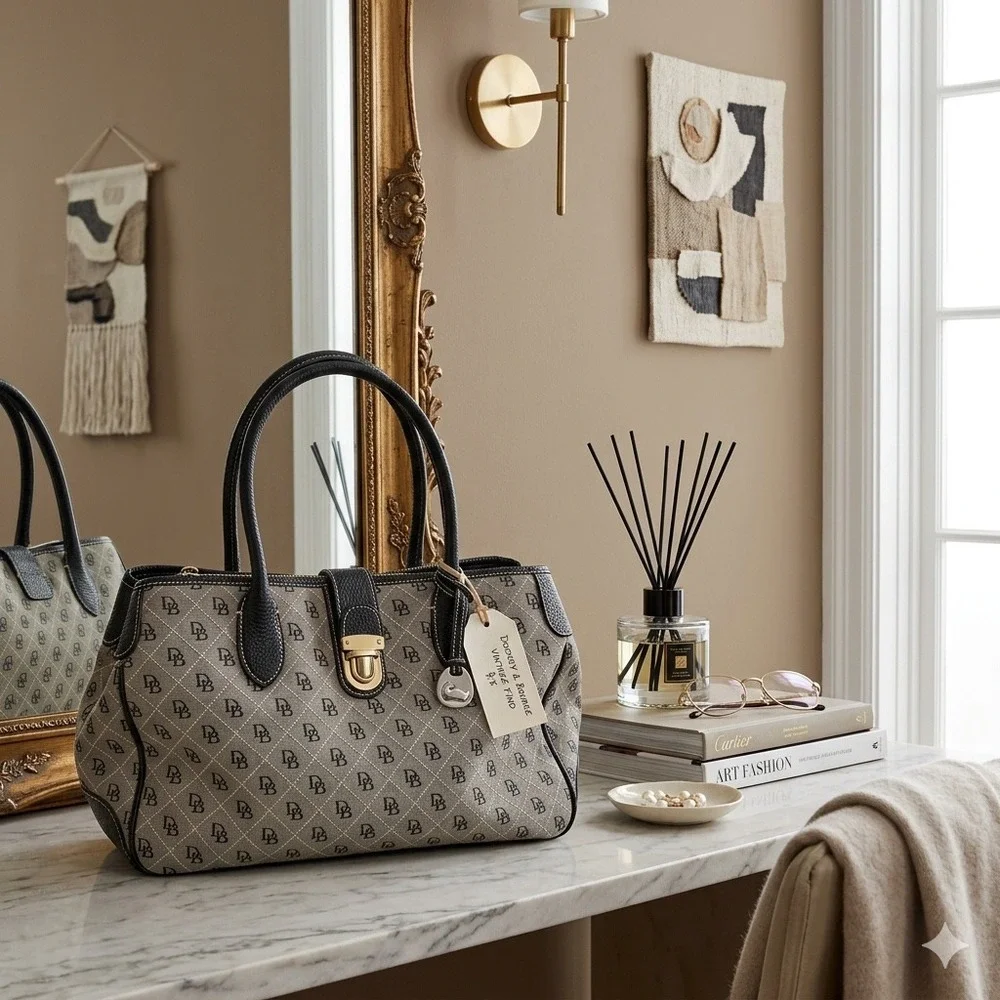 Dooney & Bourke Monogram Satchel Bag Black Grey Coated Canvas Leather Trim